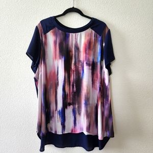 Lane Bryant 26/28 Watercolored Scoop Neck Short Sleeve Blouse Top Blue